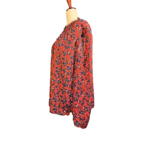 Diane Von Furstenberg Aleni SILK Smocked Long Sleeve Blouse Red Blue Geometric 2 - Picture 3 of 10